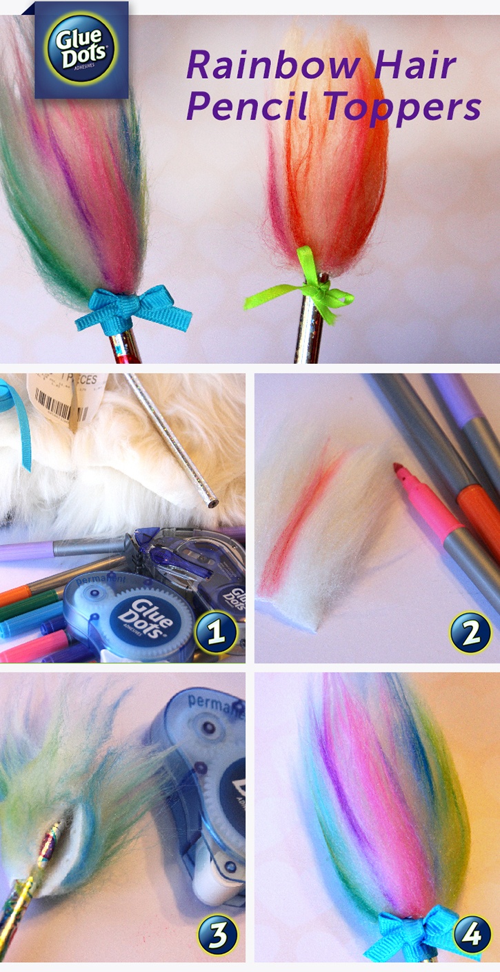 Make Rainbow Hair Pencil Toppers with Glue Dots!