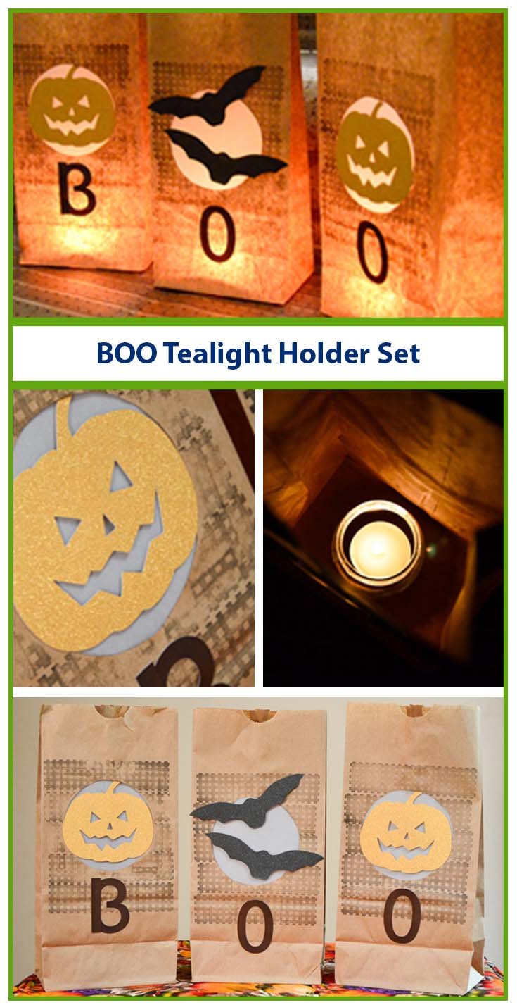 Welcome kids and families to your front door with Halloween "Boo" Tea Light Lantern Set! #GlueDots 