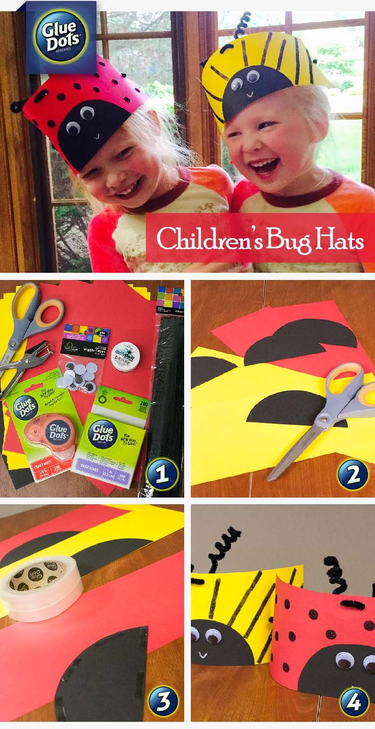 Make bug hats for your child's next party. It's easy with cardstock, #GlueDots, googly eyes and pipe cleaners.