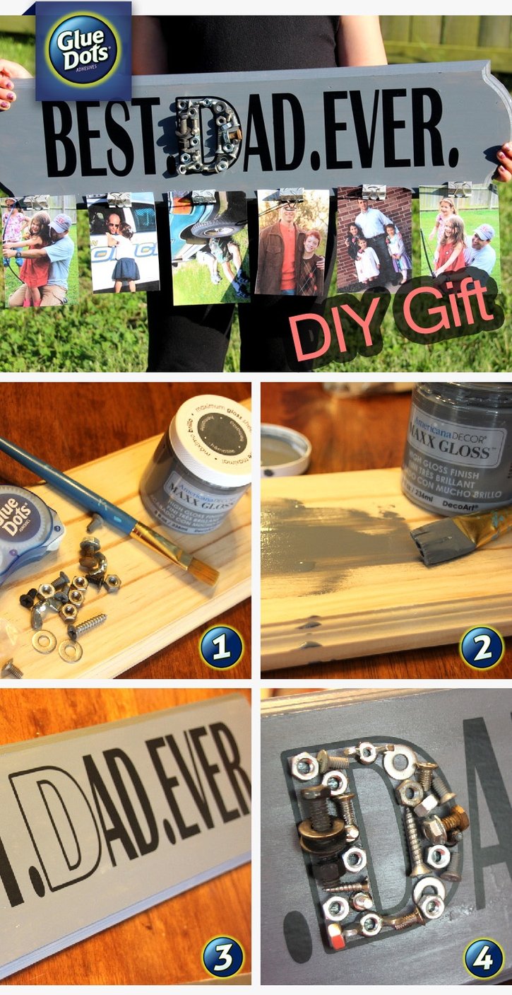 Pick up a wood plaque or board, #GlueDots, lettering, and a few extra supplies to make a Father's Day photo board.