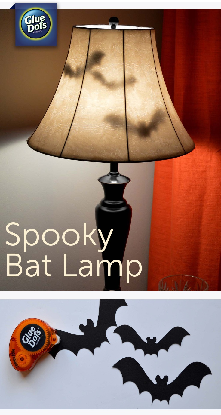 We love Halloween and easy decorating ideas. Make a Bat Lamp Halloween Decoration for your home with paper bats and Removable Glue Dots.